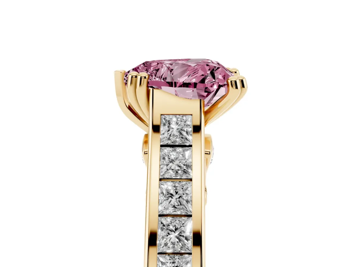 Fancy Pink Heart Cut Cut Channel Set Solitaire Engagement Ring with Prong Setting Yellow gold