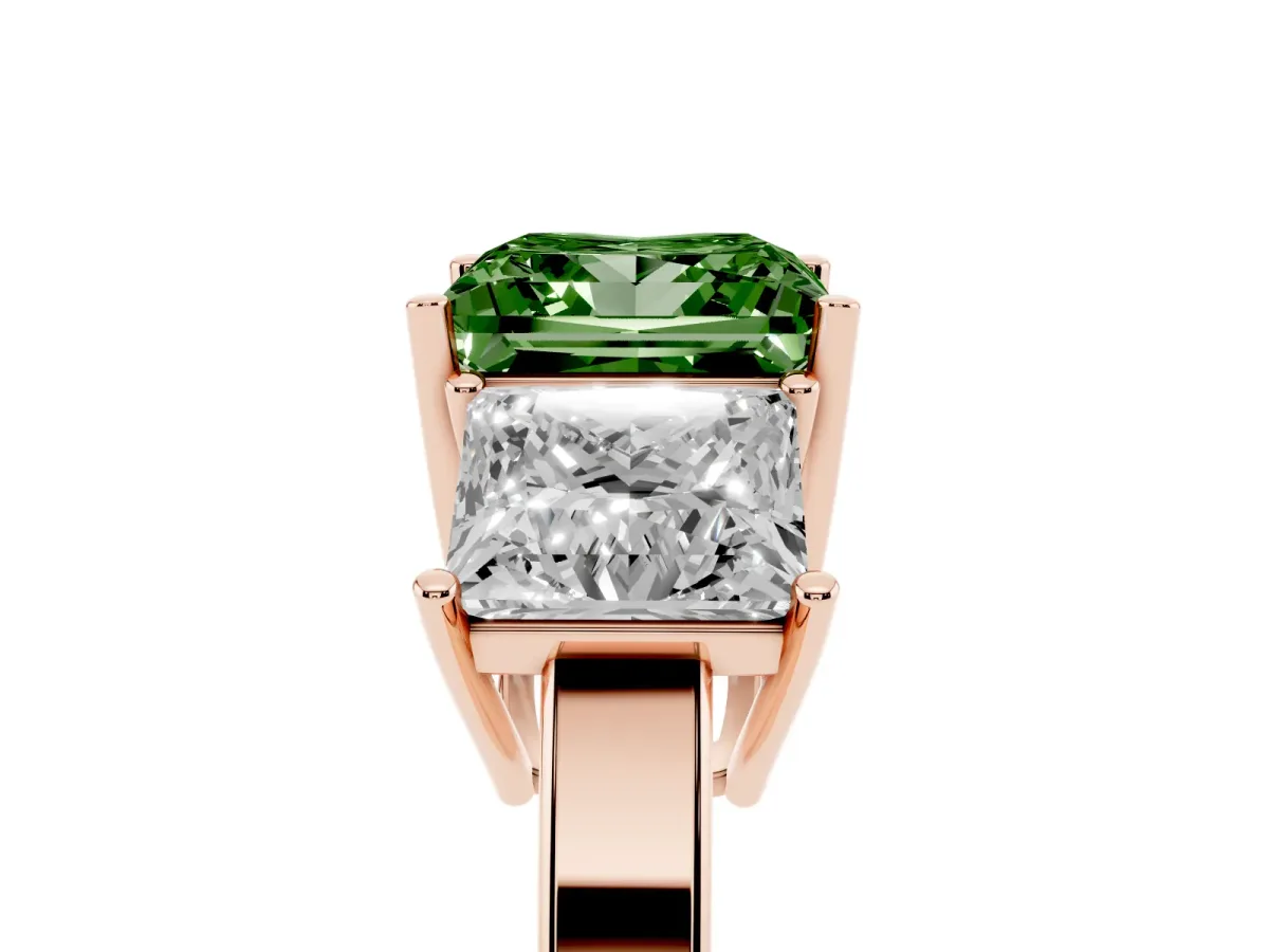 Fancy Green Three-Stone Princess Cut Cut Diamond Engagement Ring with Flat Band and Four-Prong Setting Rose gold