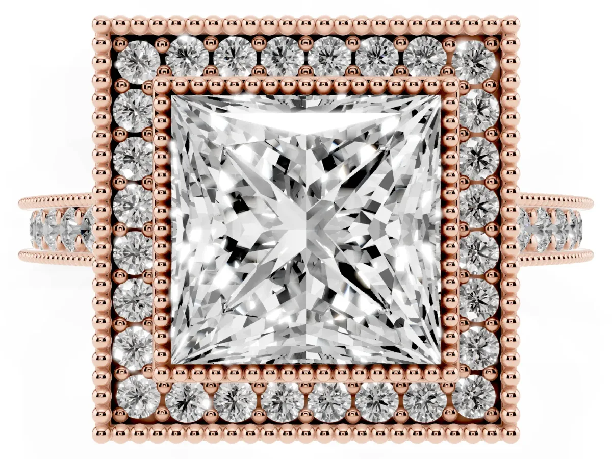 Halo Princess Cut-Cut Diamond Pave Band Milgrain Prong Setting Ring Rose gold