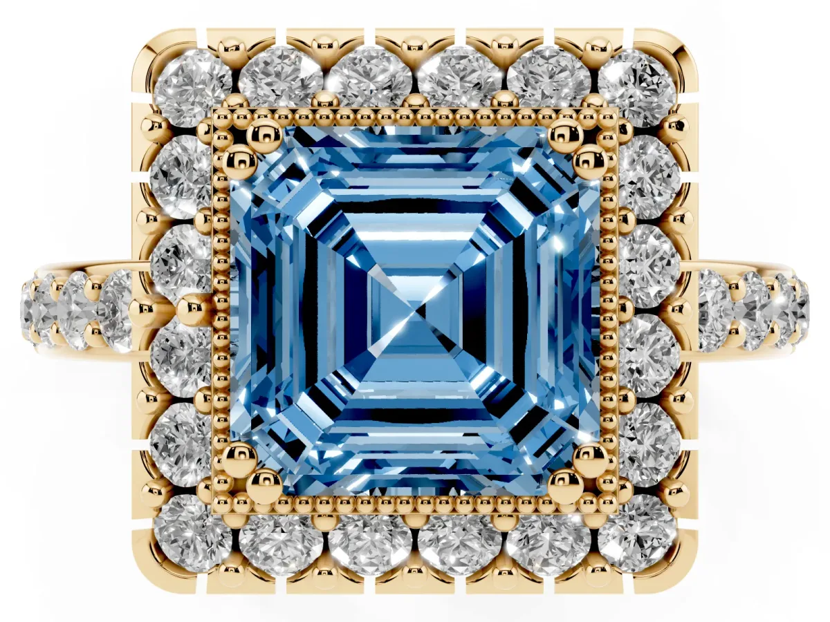 Fancy Blue Asscher Cut Diamond Halo Ring with Pavé Band and Prong Setting Yellow gold