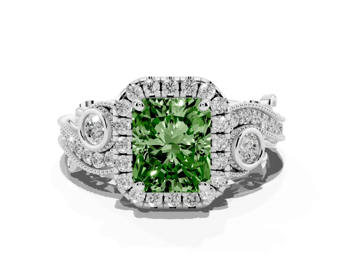 Fancy Green Radiant Cut Halo Diamond Ring with Milgrain and Bezel Accents on a Split Shank Band White gold
