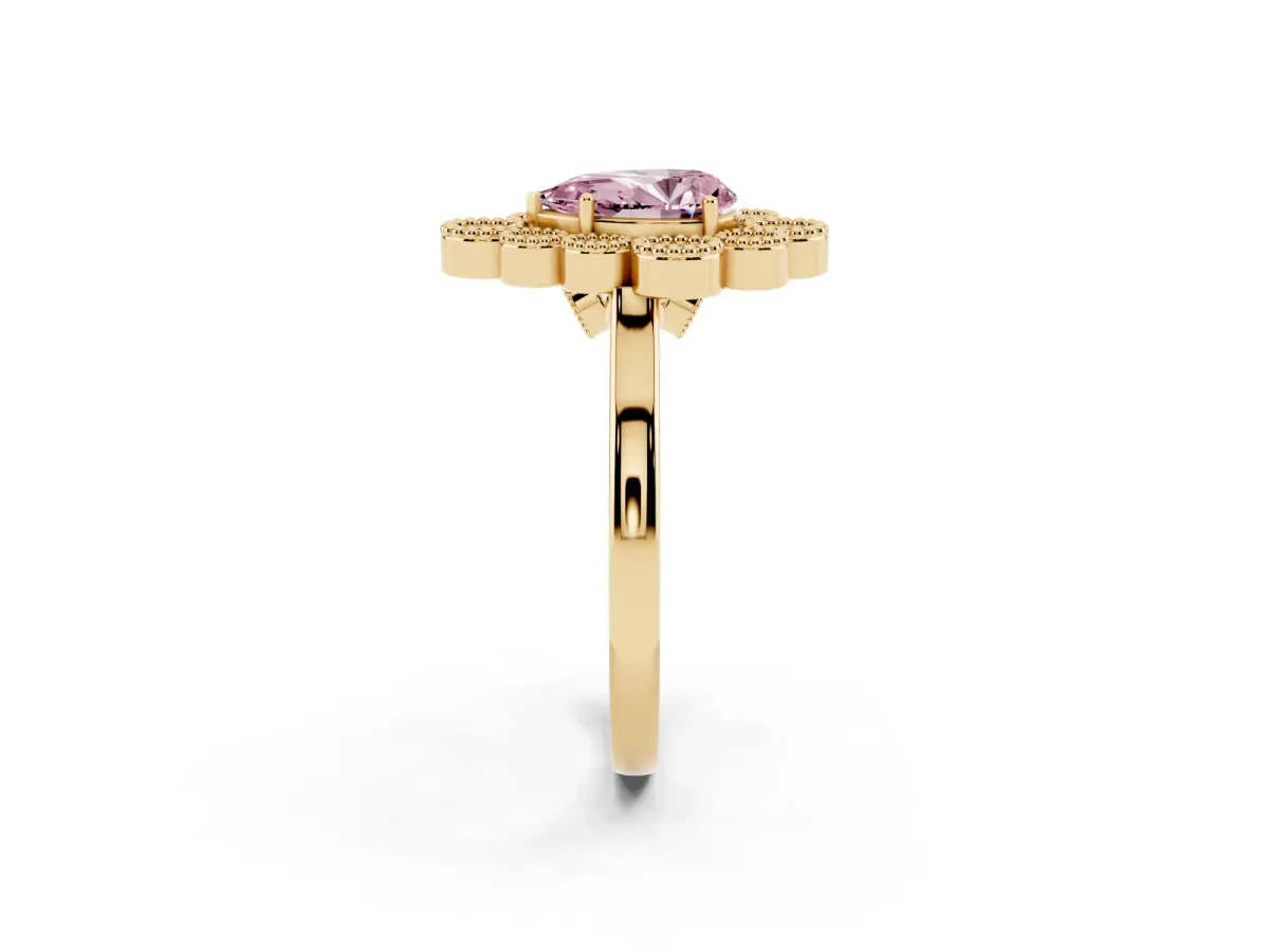Fancy Pink Pear Cut Halo Diamond Cluster Engagement Ring with Milgrain Bezel Setting and Solitaire Band Yellow gold