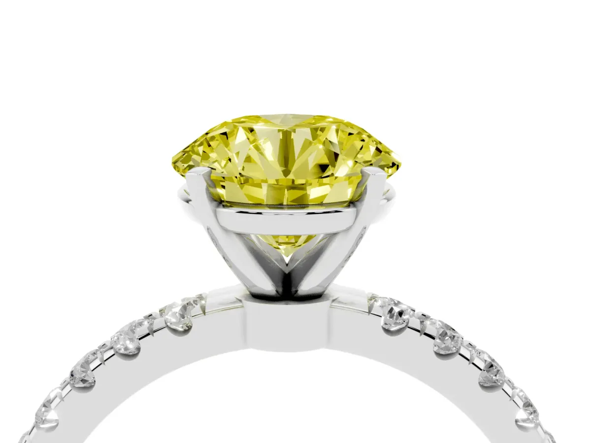 Fancy Yellow Round Cut Diamond Solitaire Ring with Pavé Accents and Four-Prong Setting Silver