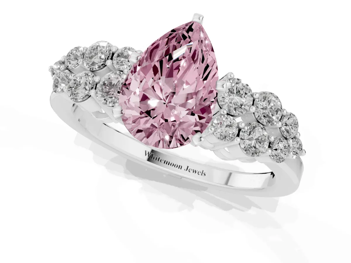 Fancy Pink Pear Cut Cluster Diamond Engagement Ring with Pavé Band and Four-Prong Setting Silver