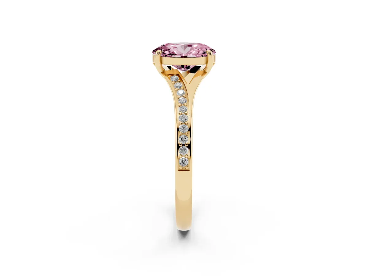 Fancy Pink Oval Cut Diamond Solitaire Ring with Pavé Band and Prong Setting Yellow gold