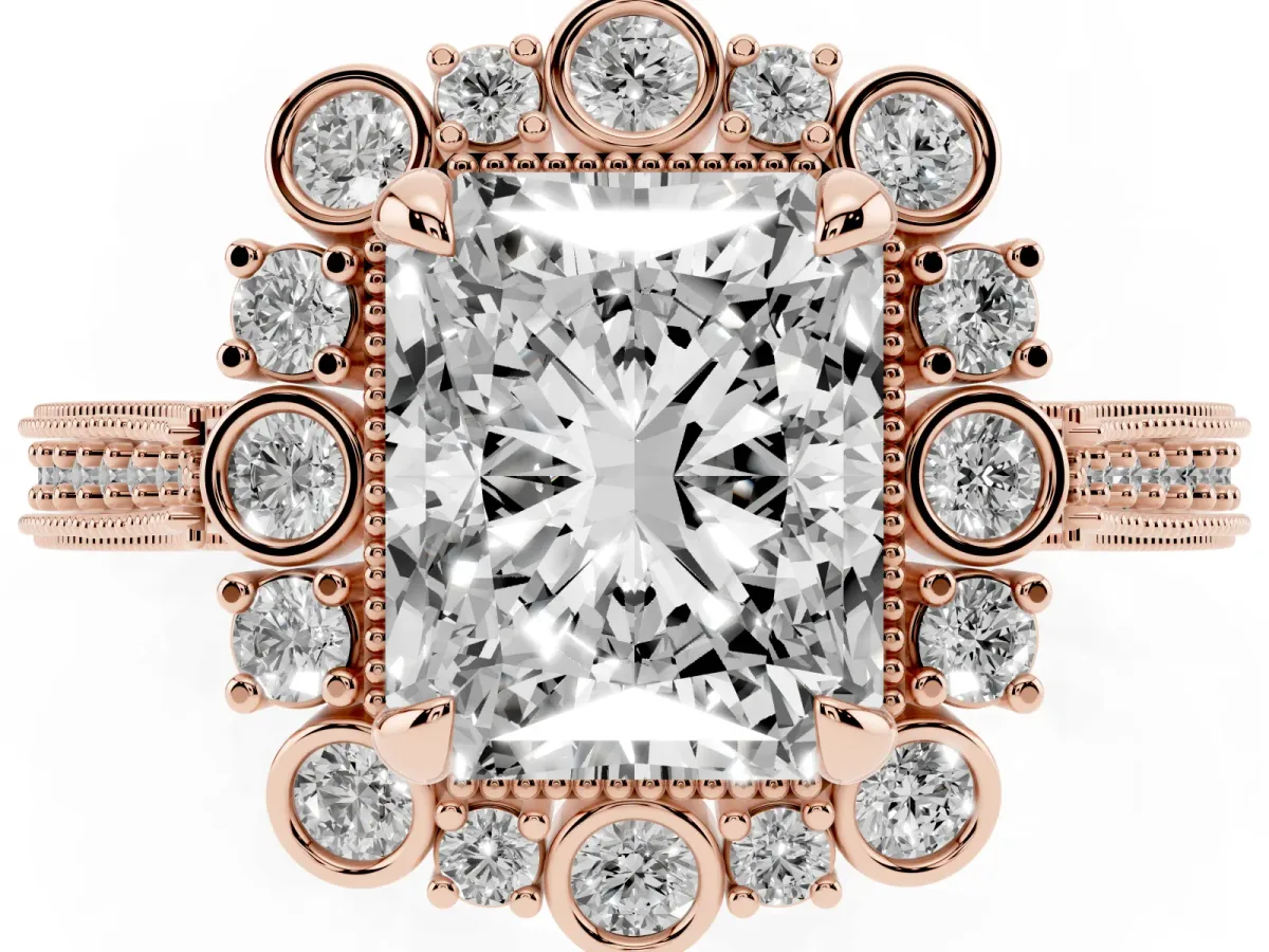 Radiant Cut Halo Milgrain Pave Diamond Ring with Four-Prong Setting Rose gold