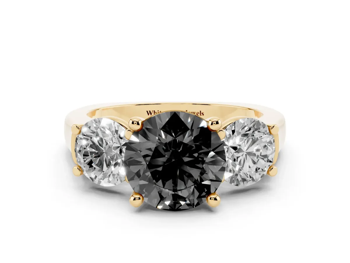 Fancy Black Three-Stone Round Cut Brilliant Diamond Trellis Ring with Comfort Fit Band Yellow gold