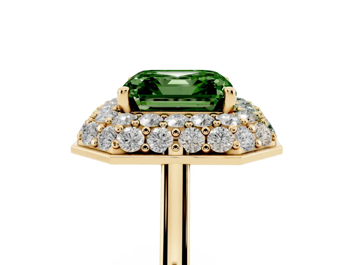 Fancy Green Asscher Cut Halo Diamond Engagement Ring with Solitaire Band and Four-Prong Setting Yellow gold