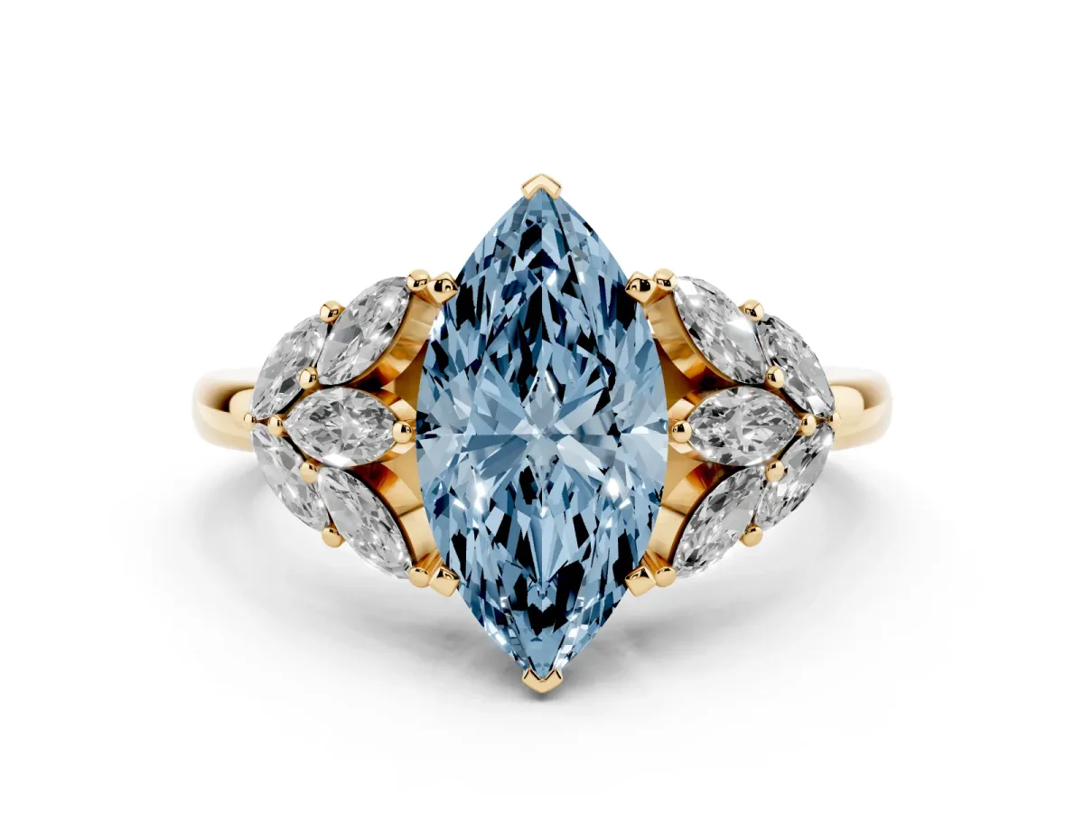 Fancy Blue Marquise Cut Diamond Cluster Leaf Design Ring with Prong Setting Yellow gold