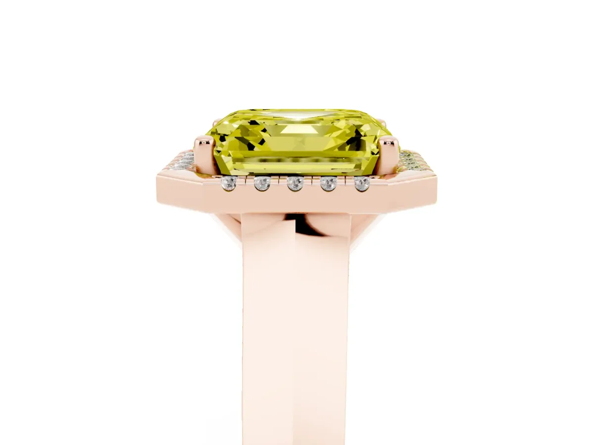 Fancy Yellow Asscher Cut Halo Diamond Ring with Cathedral Band and Four-Prong Setting Rose gold