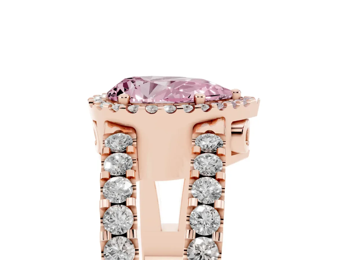 Fancy Pink Pear Cut Cut Halo Split Shank Diamond Ring with Four-Prong Setting Rose gold
