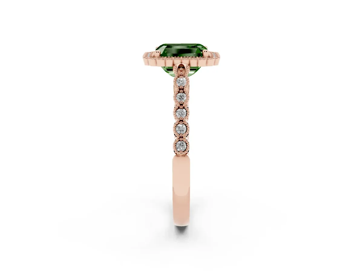 Fancy Green Radiant Cut Cut Halo Pavé Solitaire Ring with Milgrain Band Rose gold