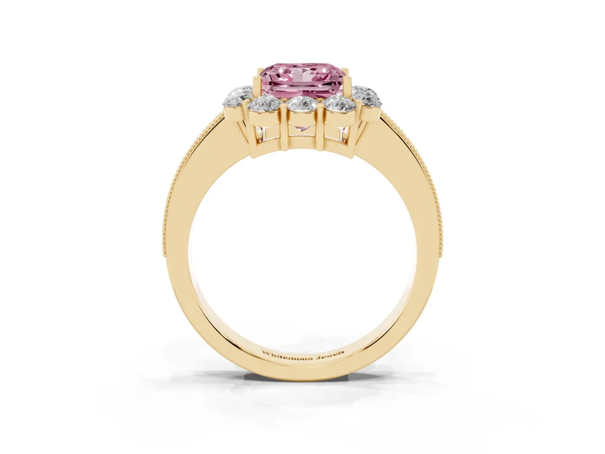 Fancy Pink Princess Cut Cut Halo Diamond Pavé Engagement Ring with Milgrain Detailing Yellow gold