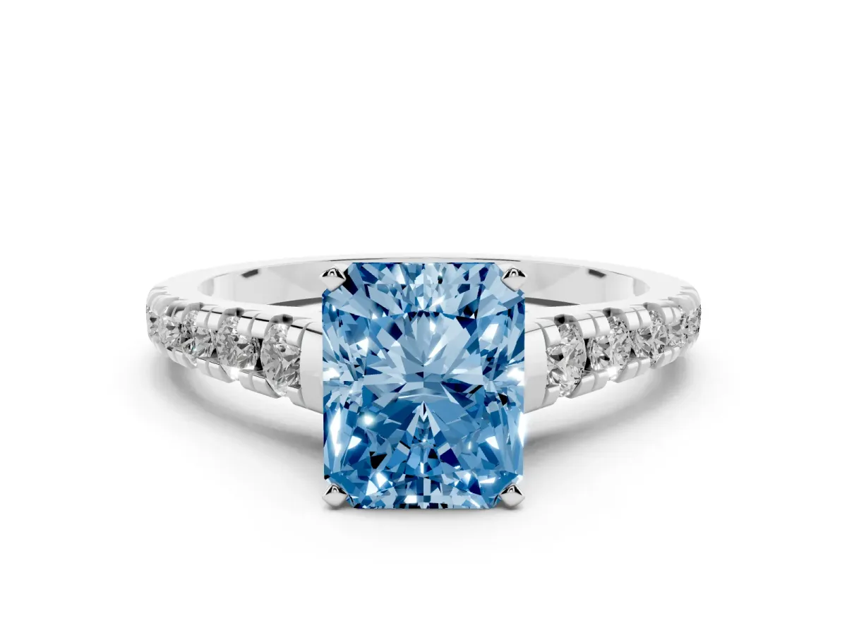 Fancy Blue Radiant Cut Diamond Cathedral Solitaire Ring with Round Pavé Band Silver