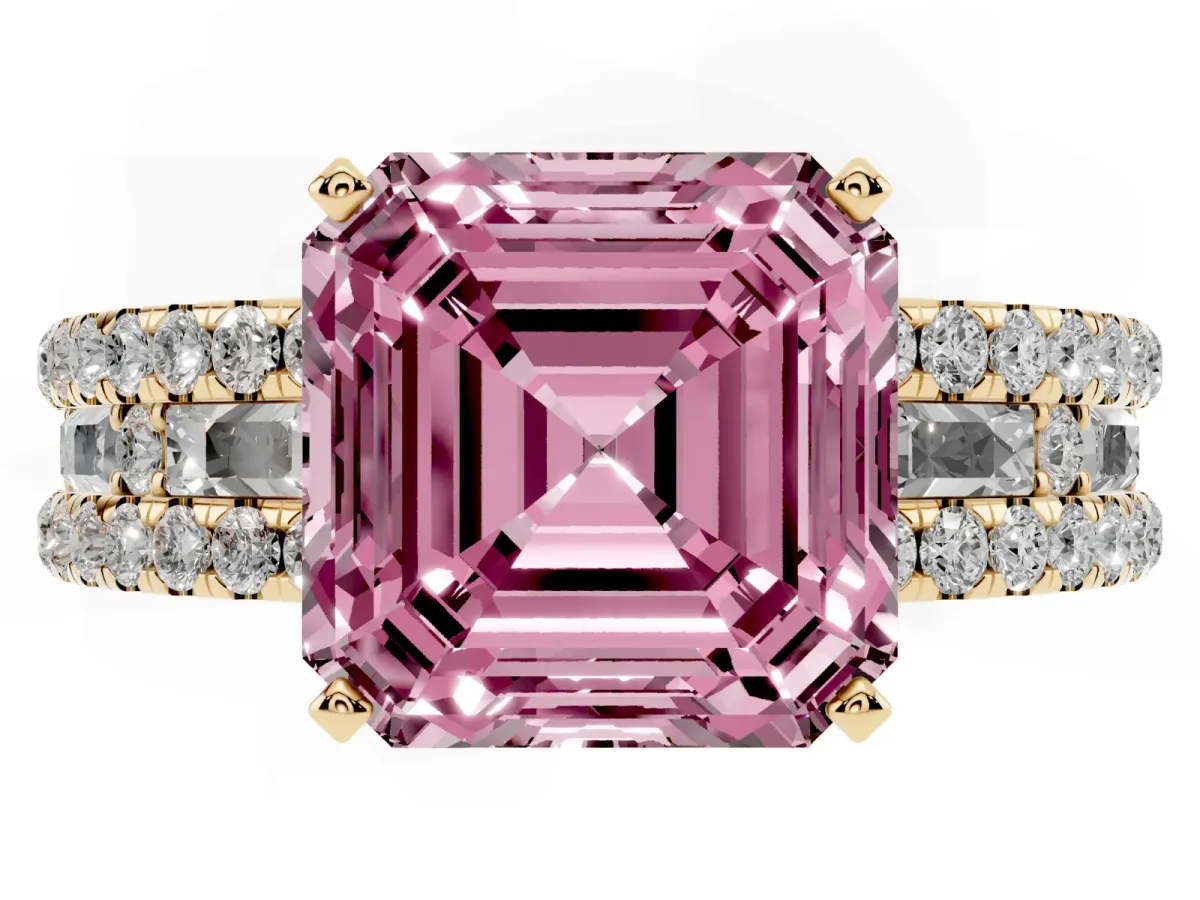 Fancy Pink Asscher Cut Diamond Solitaire Ring with Pavé and Channel Set Band Yellow gold