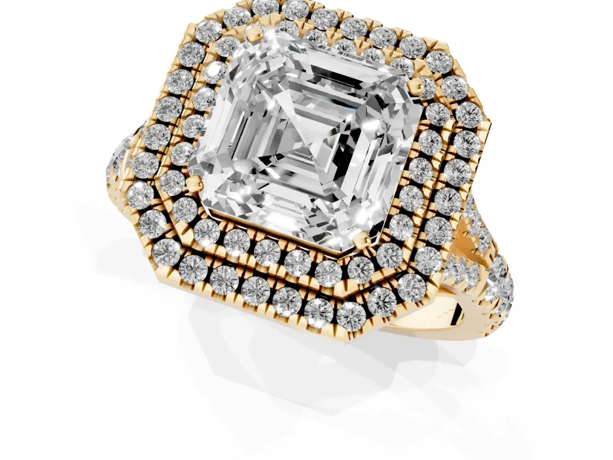Asscher Cut Diamond Pavé Split Shank Double Halo Engagement Ring Yellow gold