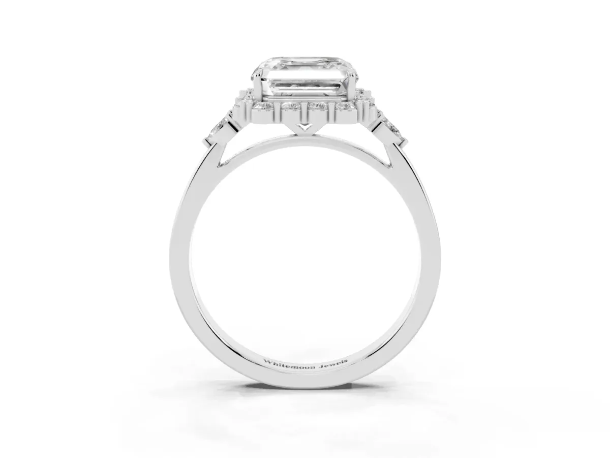 Asscher Cut Diamond Halo Ring with Pear Side Stones and Prong Setting Silver