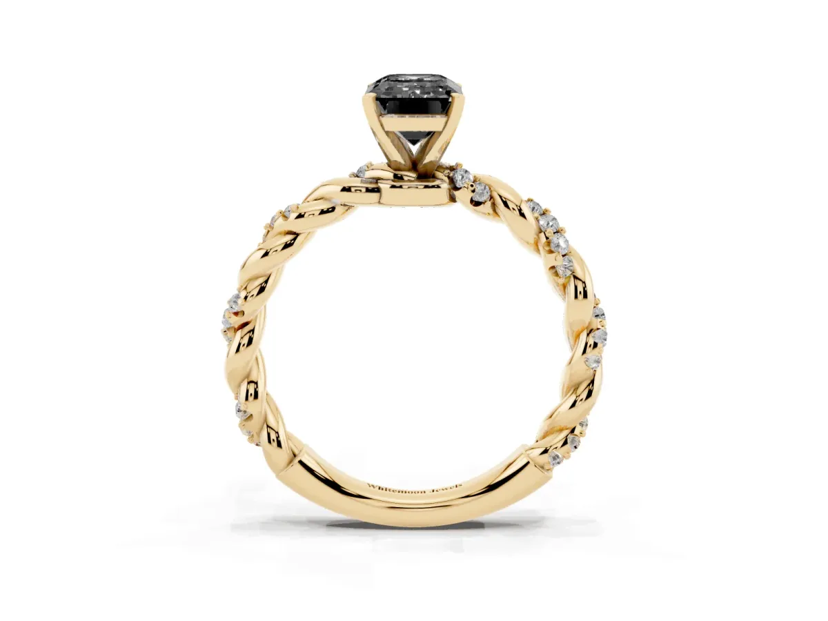 Fancy Black Emerald Cut Diamond Solitaire Ring with Twisted Band and Pavé Accents Yellow gold