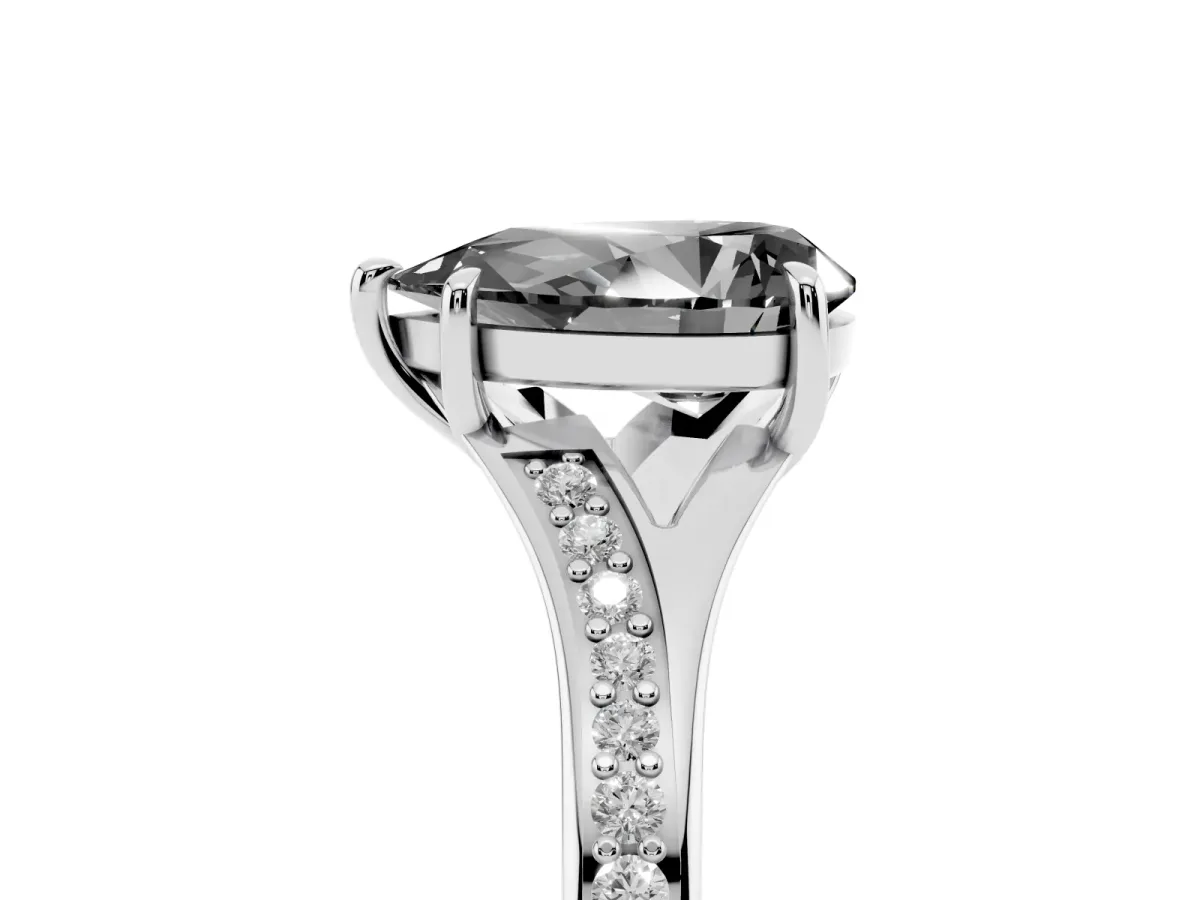 Fancy Black Pear Cut Diamond Solitaire Ring with Pavé Band and Prong Setting Silver