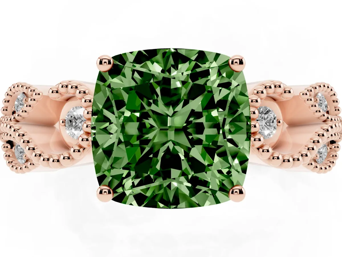 Fancy Green Cushion Cut Solitaire Milgrain Leaf Band with Prong Setting Rose gold
