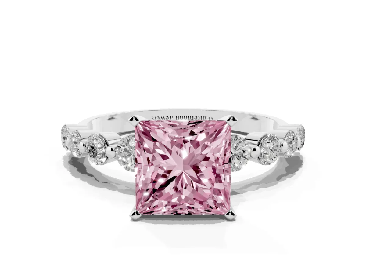 Fancy Pink Princess Cut Solitaire Diamond Ring with Pave Band and Four-Prong Setting Silver