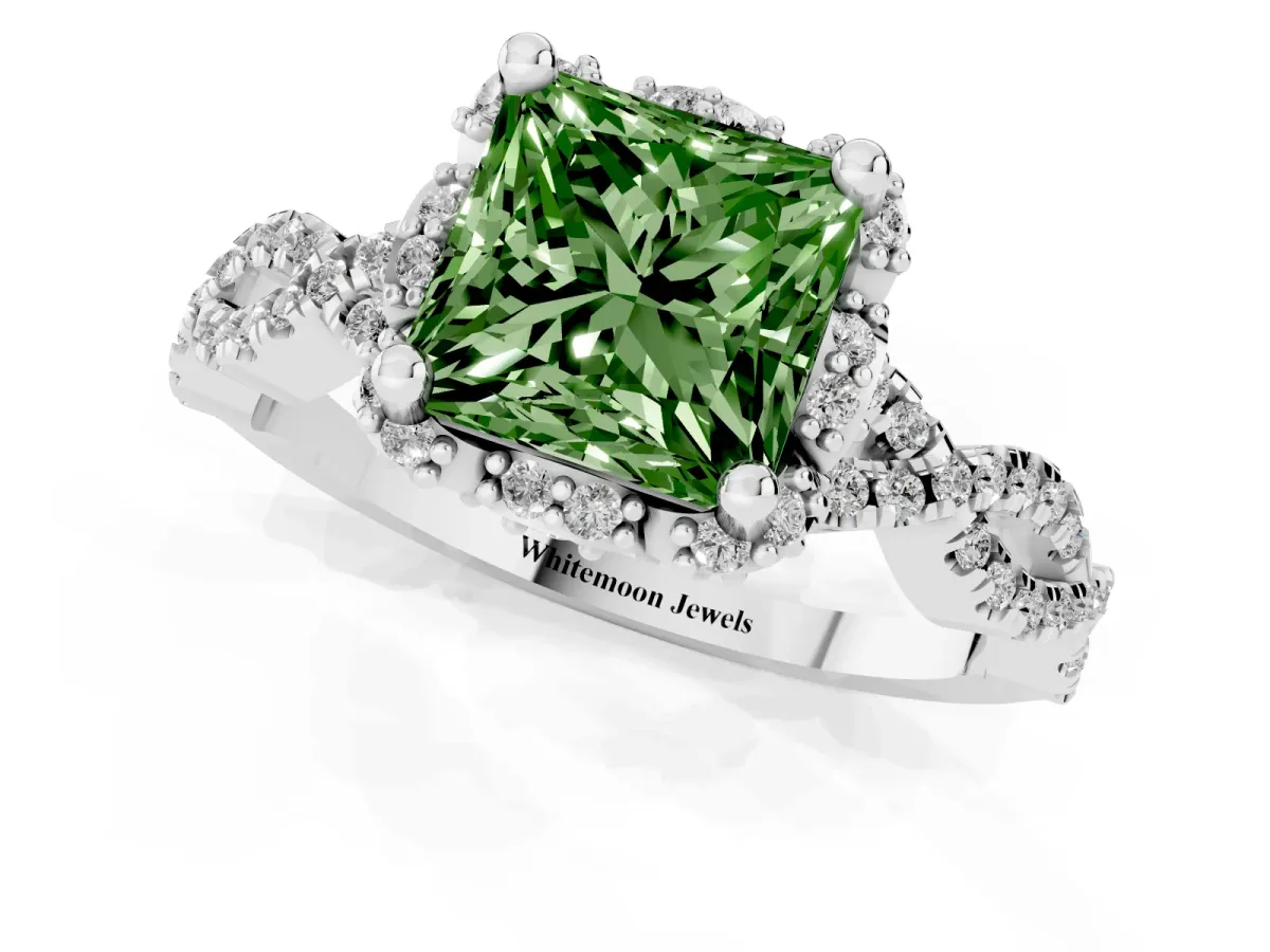 Fancy Green Princess Cut Halo Twist Band Solitaire Ring with Six-Prong Setting Silver