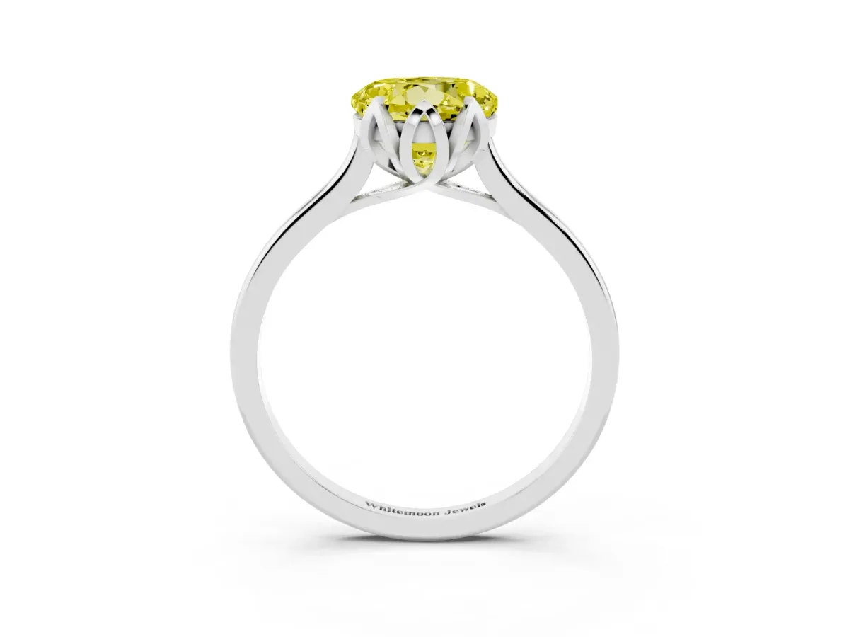 Fancy Yellow Round Cut Diamond Solitaire Ring with Flower Prong Setting and Classic Band Silver