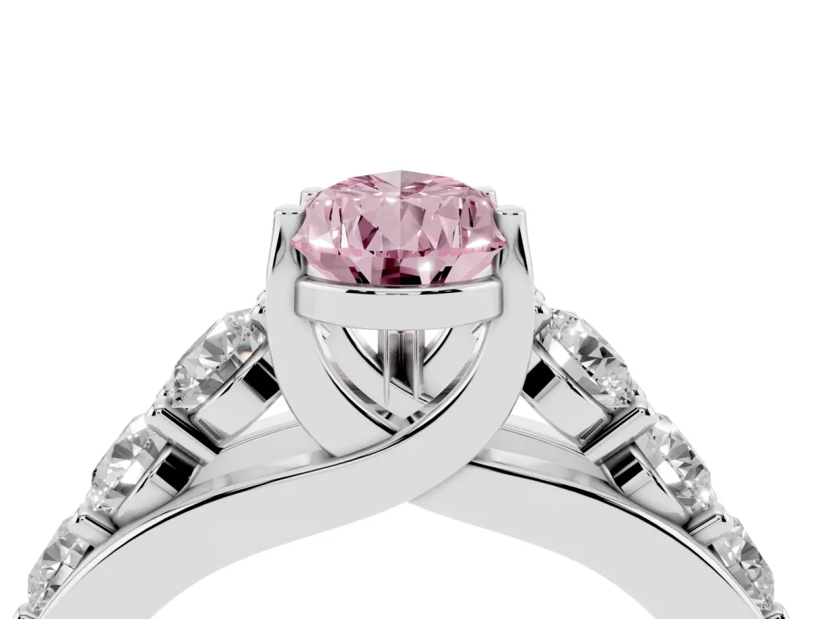 Fancy Pink Pear Cut Diamond Engagement Ring with Pavé Band and Four-Prong Setting White gold