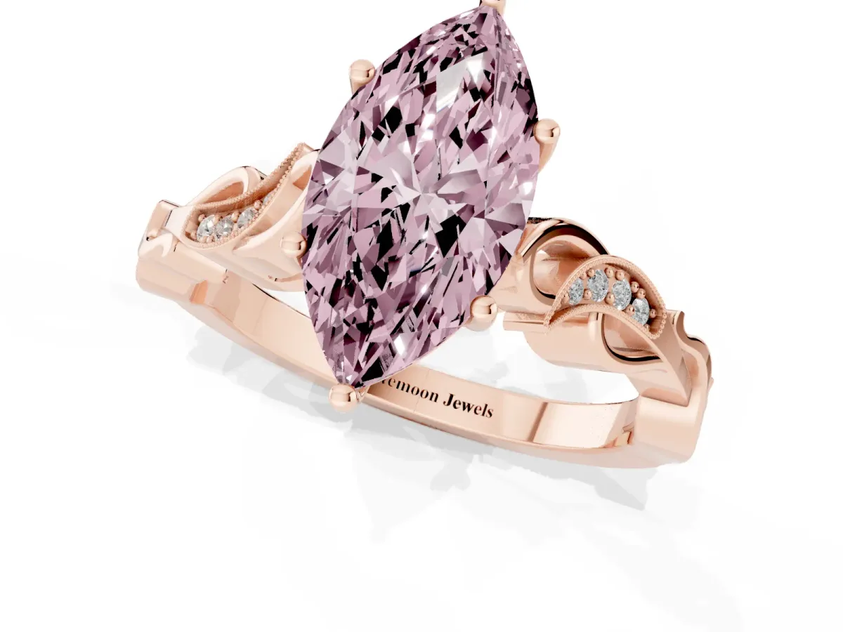 Fancy Pink Marquise Cut Solitaire Vine Band with Milgrain Prong Setting Rose gold