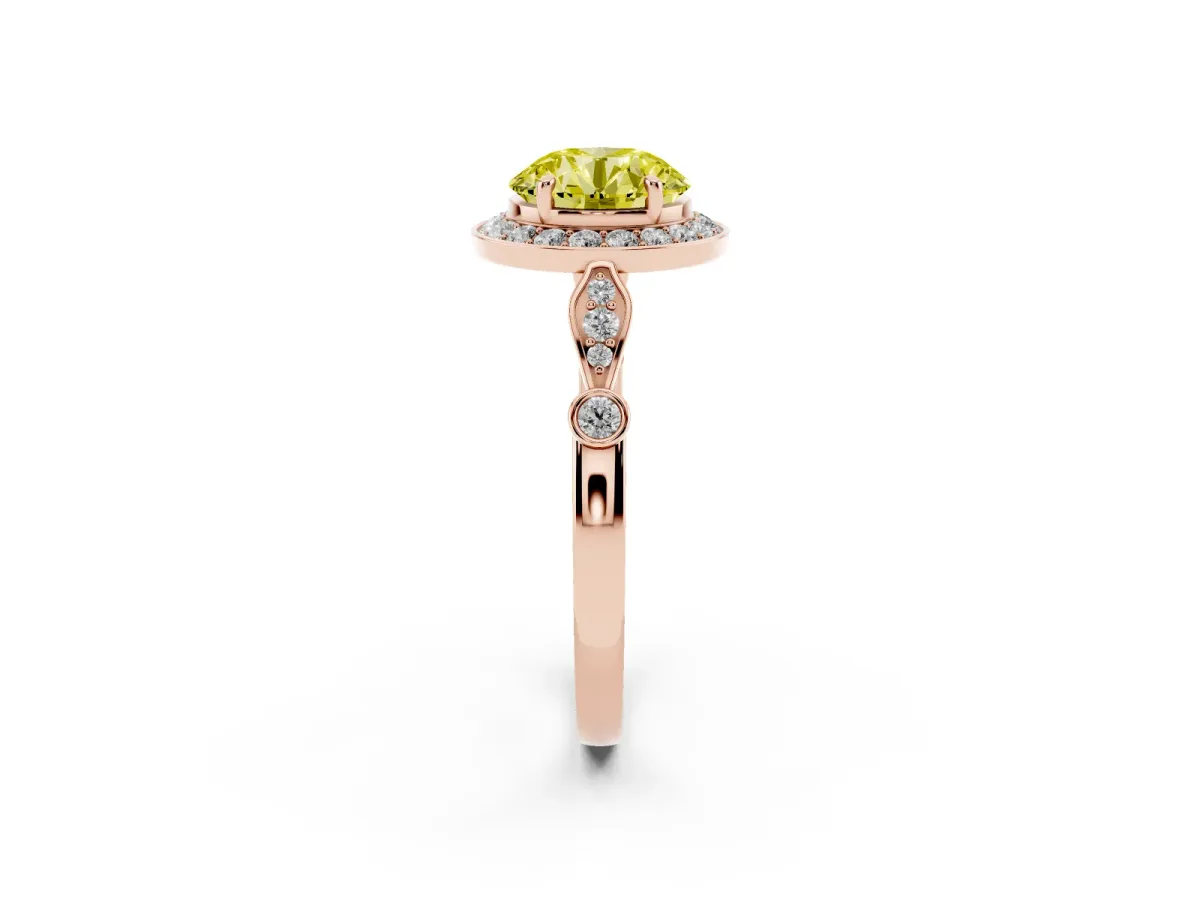 Fancy Yellow Round Cut Halo Diamond Engagement Ring with Twisted Band and Four-Prong Setting Rose gold