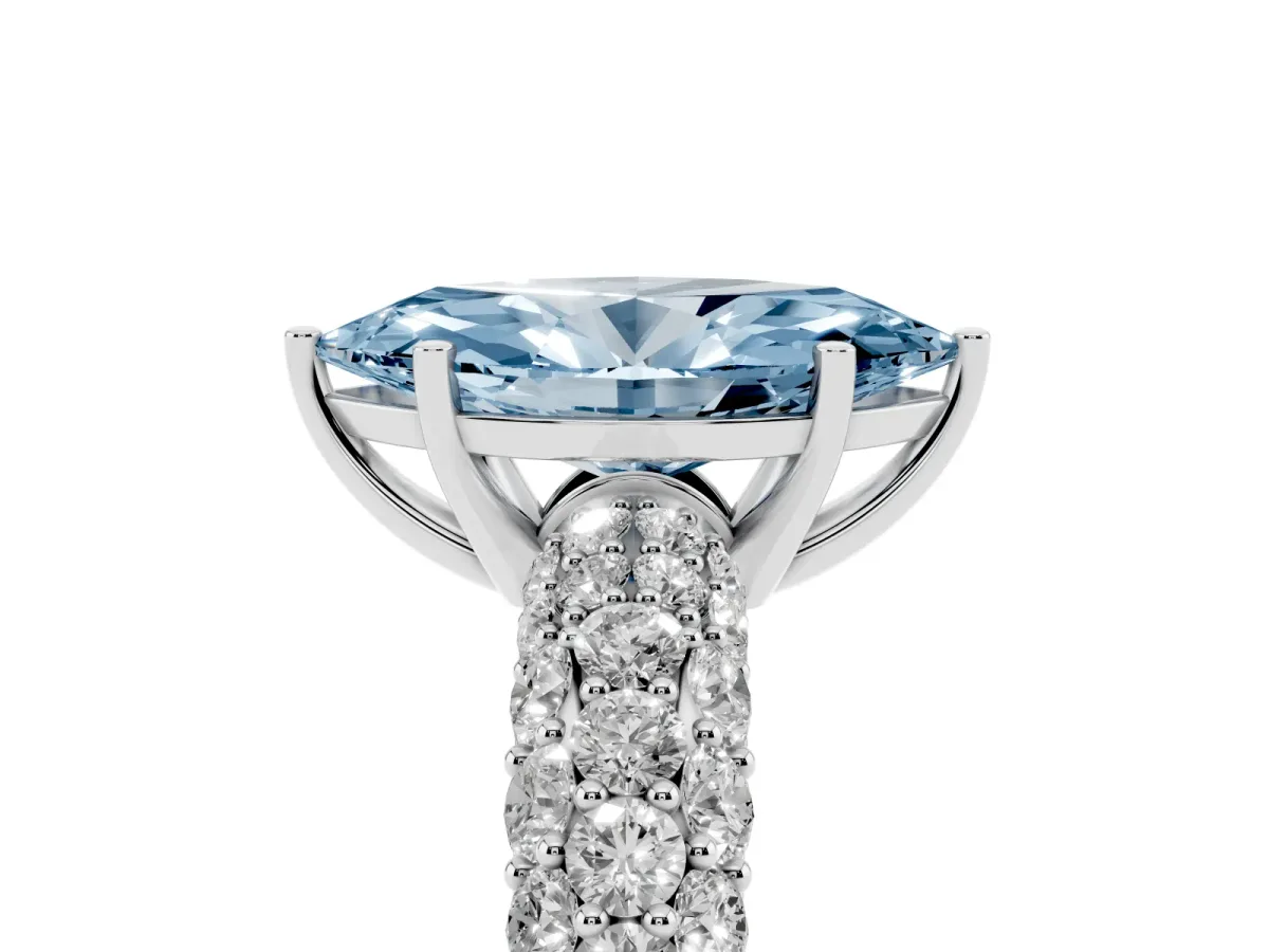 Fancy Blue Marquise Cut Diamond Pavé Band Solitaire Ring with Four-Prong Setting Silver