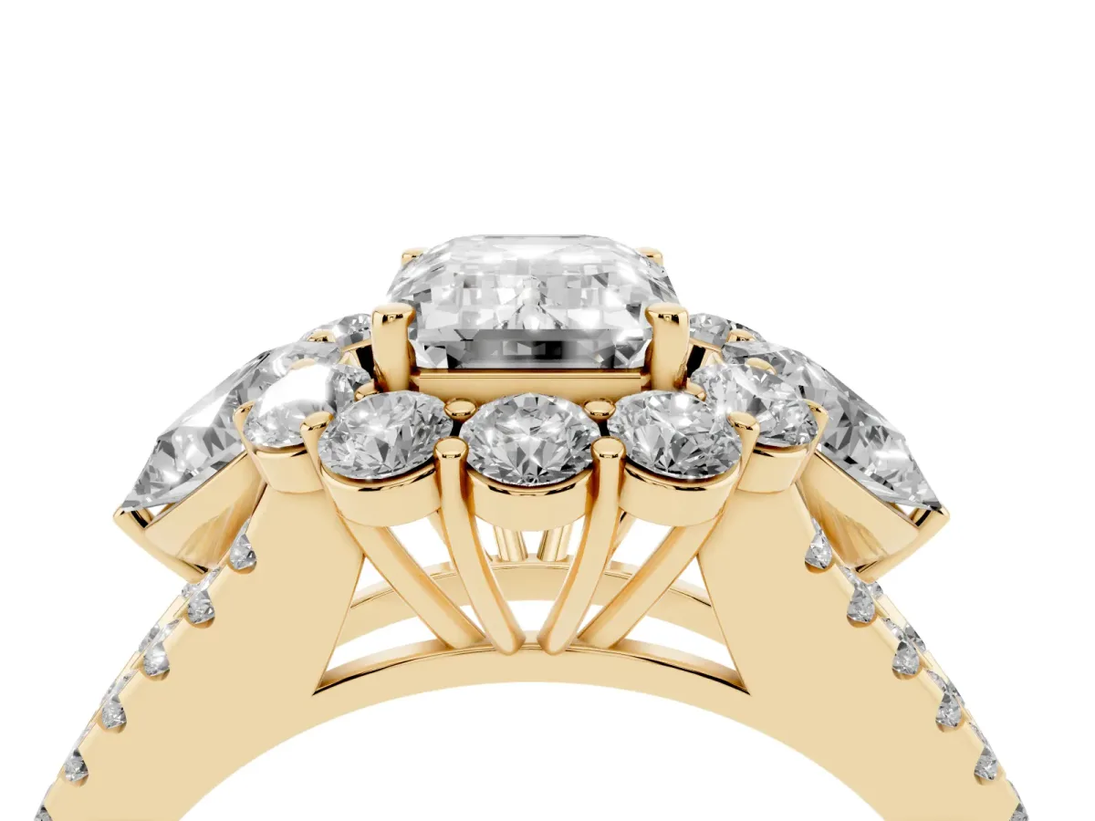 Emerald Cut Halo Split Shank Diamond Engagement Ring with Prong Setting Yellow gold