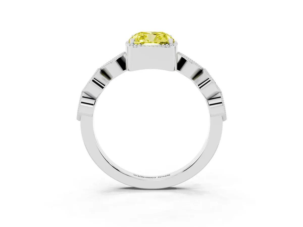 Fancy Yellow Cushion Cut Diamond Vintage Milgrain Ring with Round Stations Silver
