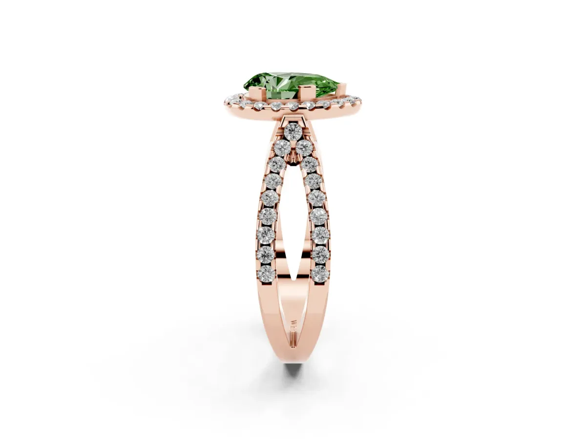 Fancy Green Pear Cut Diamond Halo Ring with Split Shank Pavé Band and Prong Setting Rose gold