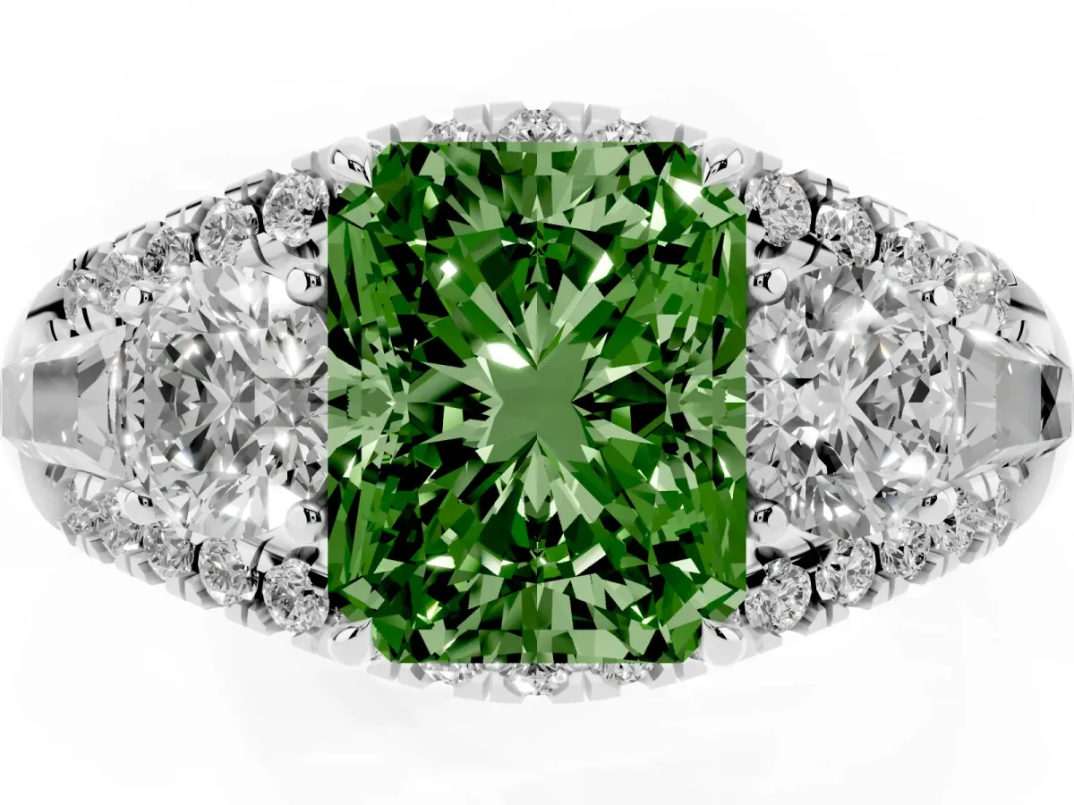Fancy Green Three-Stone Radiant Cut Diamond Engagement Ring with Pave Band and Prong Setting Silver