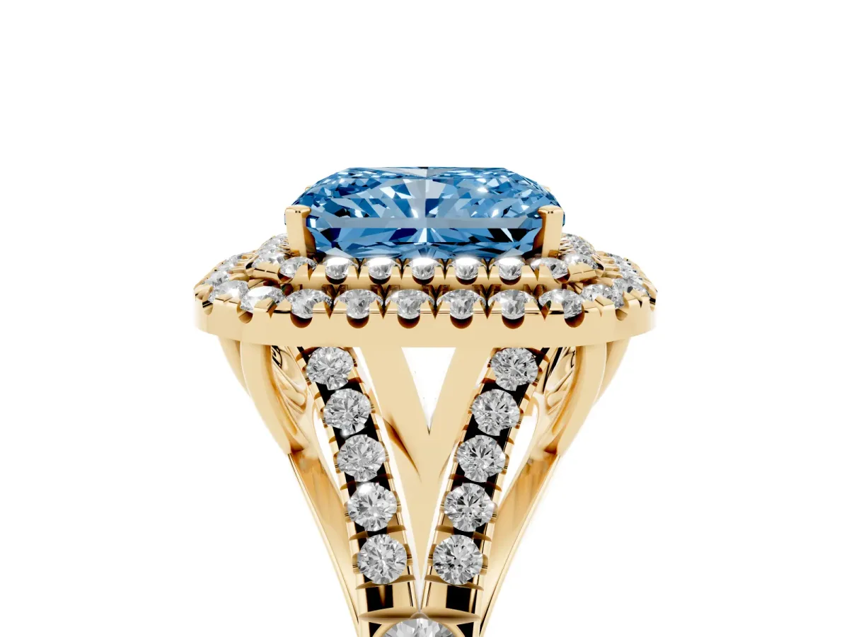 Fancy Blue Radiant Cut Cut Double Halo Split Shank Diamond Ring with Prong Setting Yellow gold
