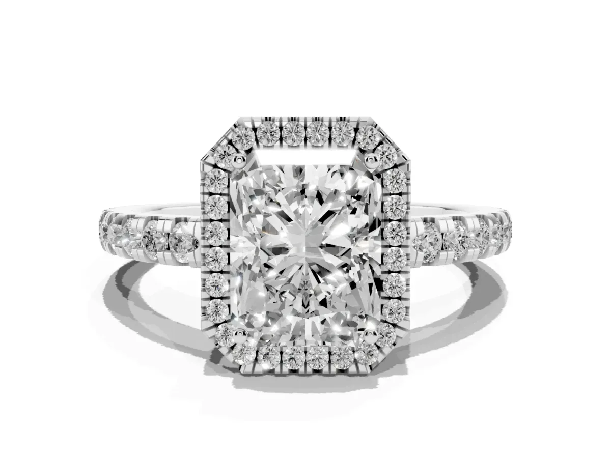 Radiant Cut Diamond Halo Ring with Pavé Band and Four-Prong Setting White gold