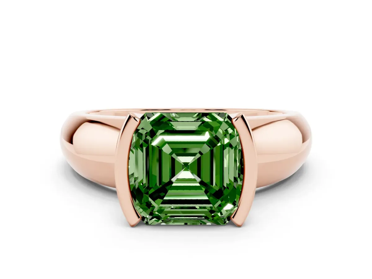 Fancy Green Asscher Cut Solitaire Tension Set Diamond Ring with Wide Band Rose gold