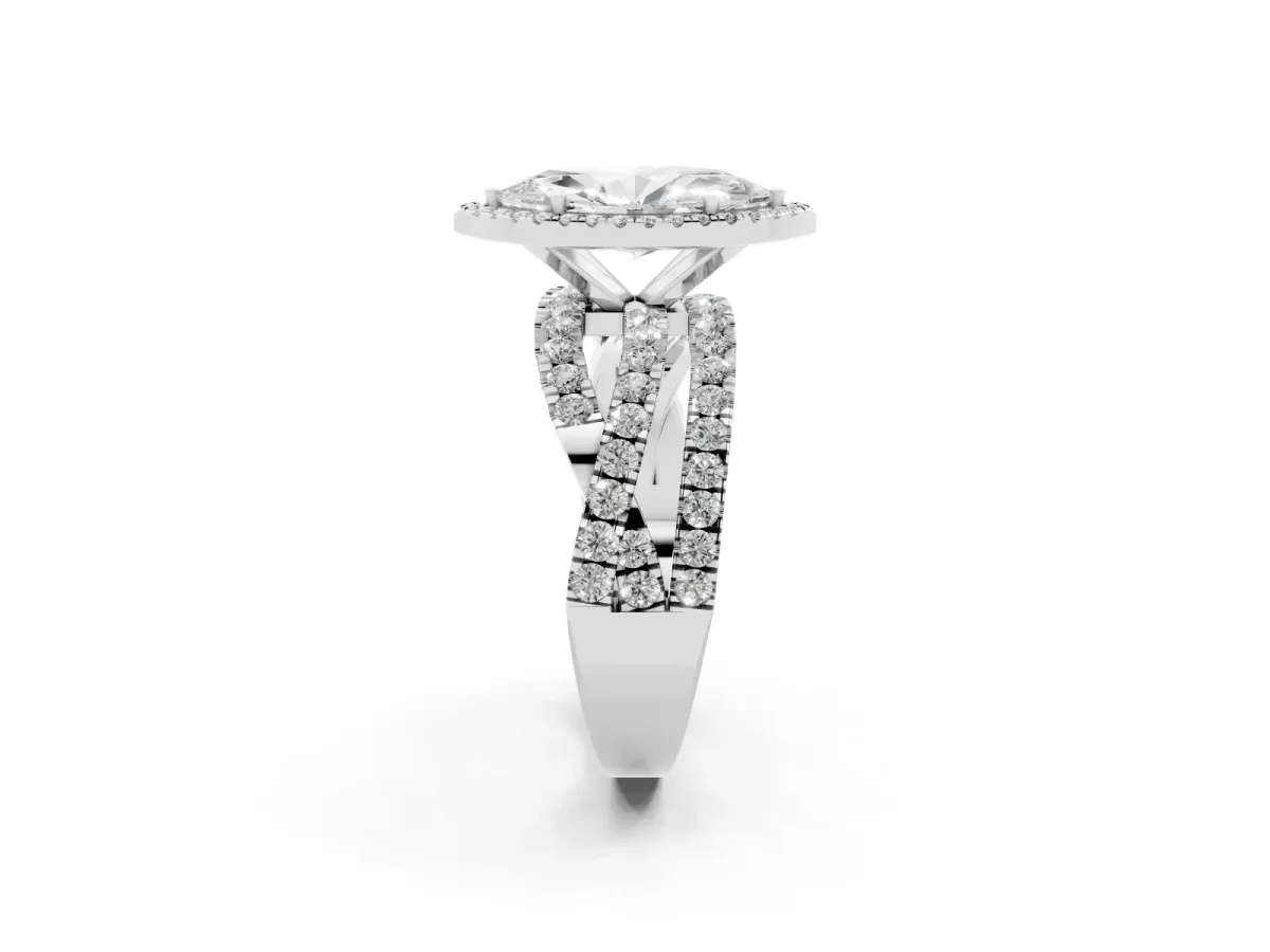 Marquise Cut Diamond Halo Ring with Round Split Shank and Prong Setting Silver