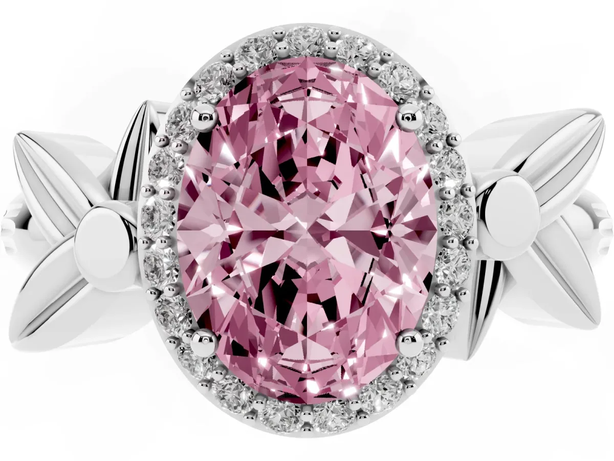 Fancy Pink Oval Cut Halo Diamond Floral Band with Four-Prong Setting Silver