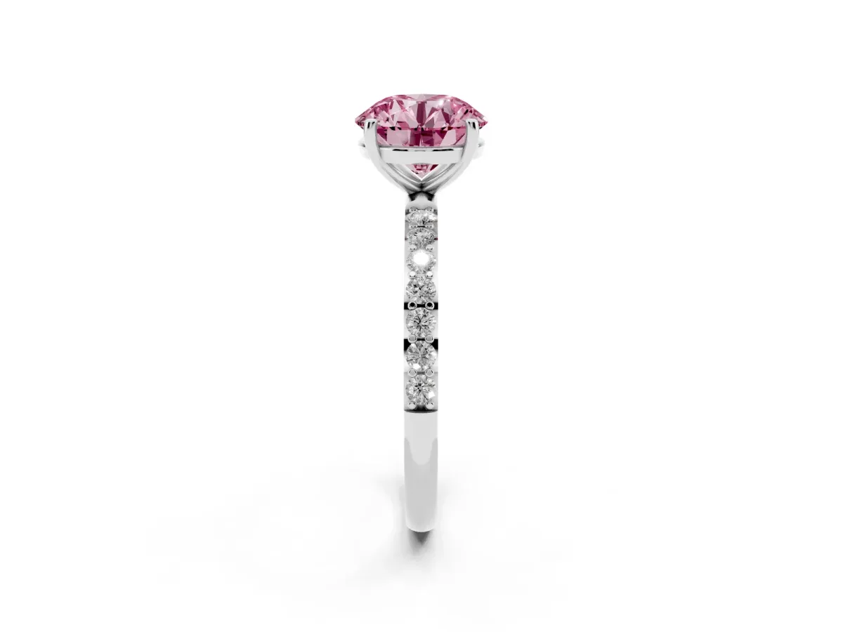 Fancy Pink Round Cut Diamond Solitaire Ring with Round Pavé Shoulders and Prong Setting Silver