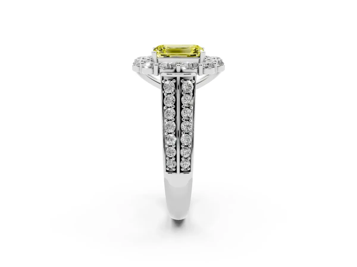 Fancy Yellow Emerald Cut Halo Diamond Engagement Ring with Split Shank and Prong Setting Platinum