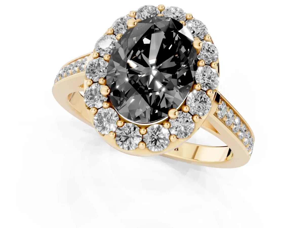 Fancy Black Oval Cut Diamond Floral Halo Ring with Pavé Band and Prong Setting Yellow gold