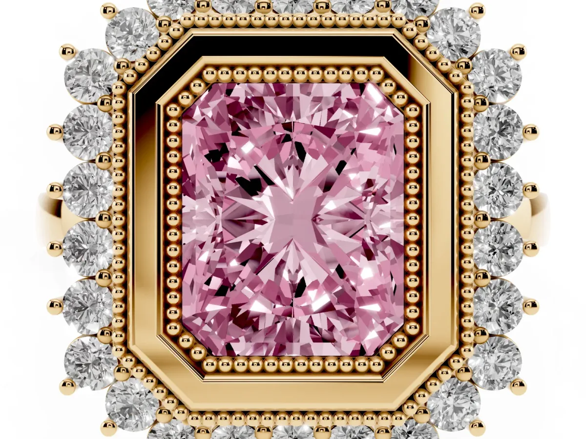 Fancy Pink Radiant Cut Halo Diamond Ring with Milgrain Edge and Round Prong Setting Yellow gold