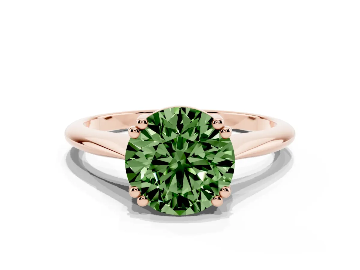 Fancy Green Round Cut Solitaire Diamond Ring with Six-Prong Setting and Classic Band Rose gold