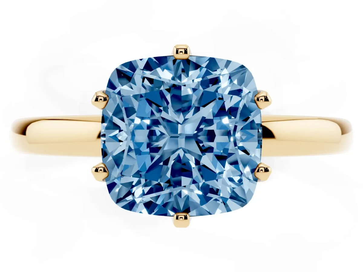 Fancy Blue Cushion Cut Solitaire Diamond Ring with Six-Prong Setting on a Classic Band Yellow gold