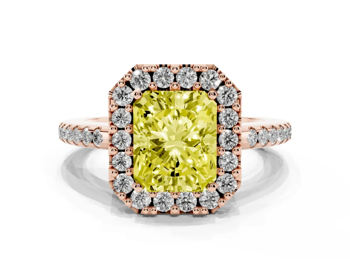 Fancy Yellow Radiant Cut Diamond Pavé Halo Ring with Four-Prong Setting Rose gold