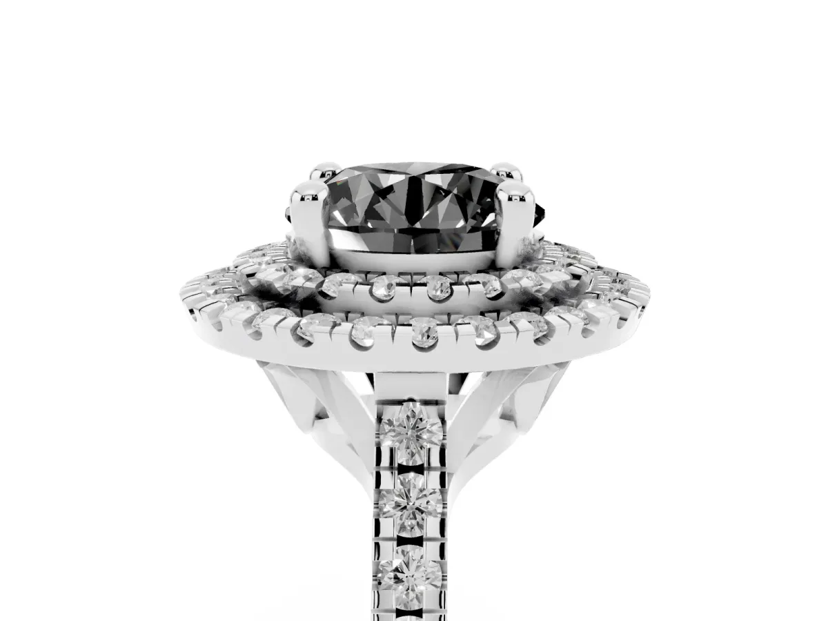 Fancy Black Double Halo Round Cut Diamond Pavé Band with Four-Prong Setting Silver