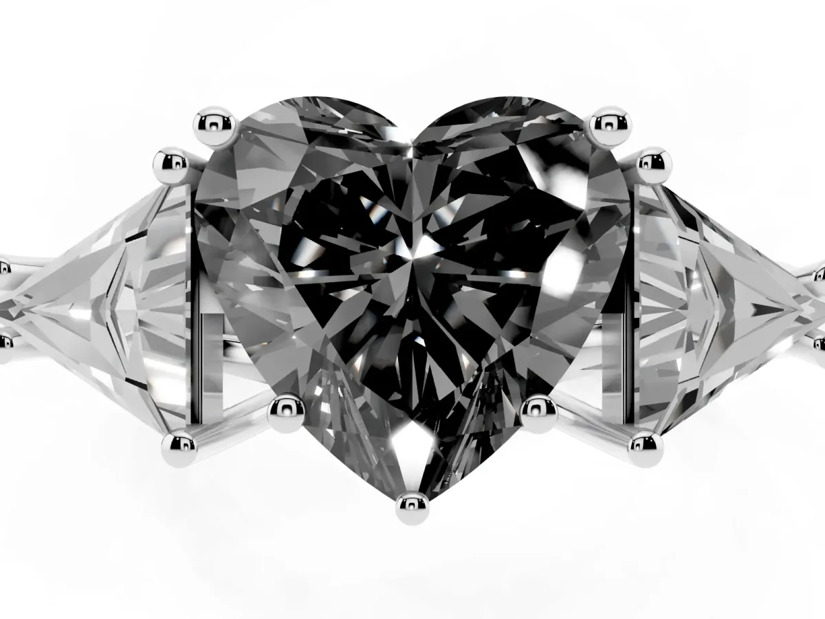 Fancy Black Three-Stone Heart Cut Diamond Engagement Ring with Trillion Side Stones and Prong Setting Silver