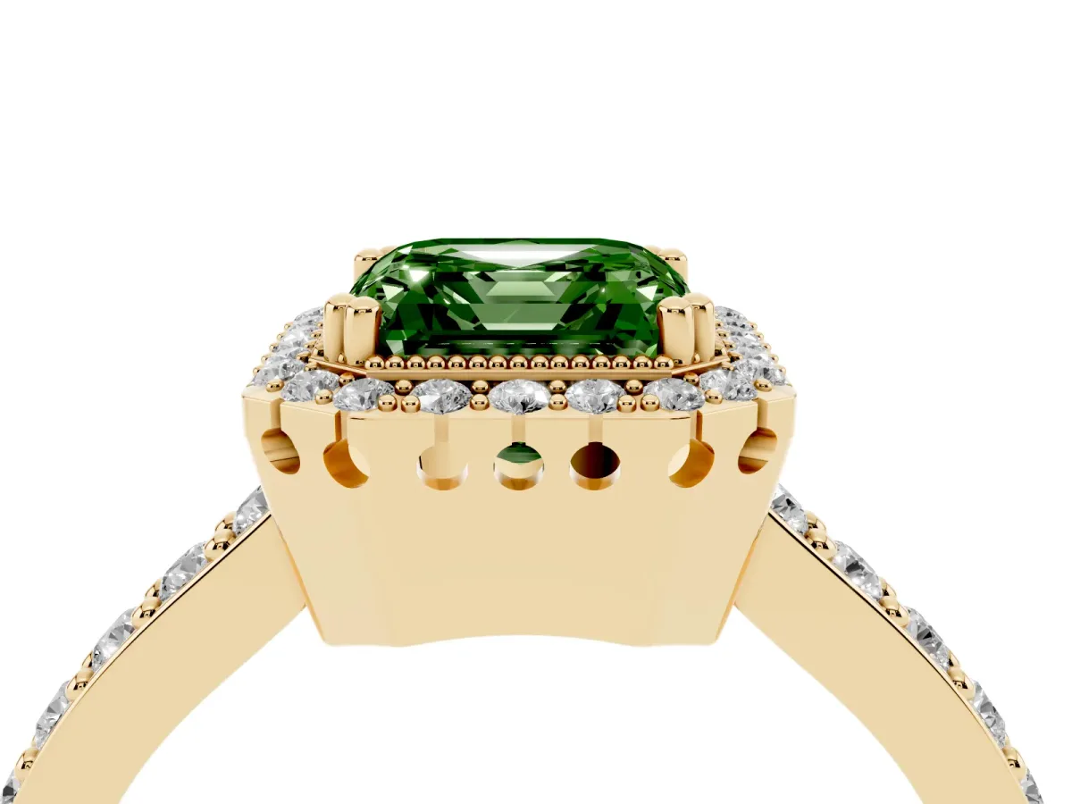 Fancy Green Asscher Cut Cut Diamond Halo Engagement Ring with Milgrain Detail and Pavé Band Yellow gold